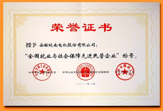 皖南電機(jī):全國(guó)就業(yè)與社會(huì)保障先進(jìn)民營(yíng)企業(yè) 皖南電機(jī):全國(guó)就業(yè)與社會(huì)保障先進(jìn)民營(yíng)企業(yè)